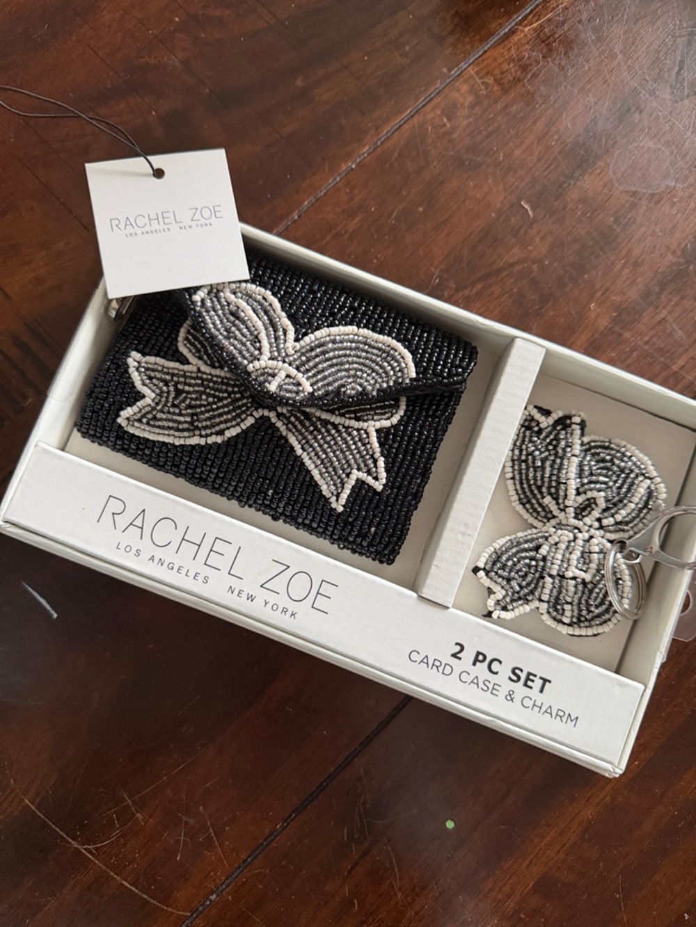 BNWT Rachel Zoe Black and White Beaded Card Case with Bow Charm